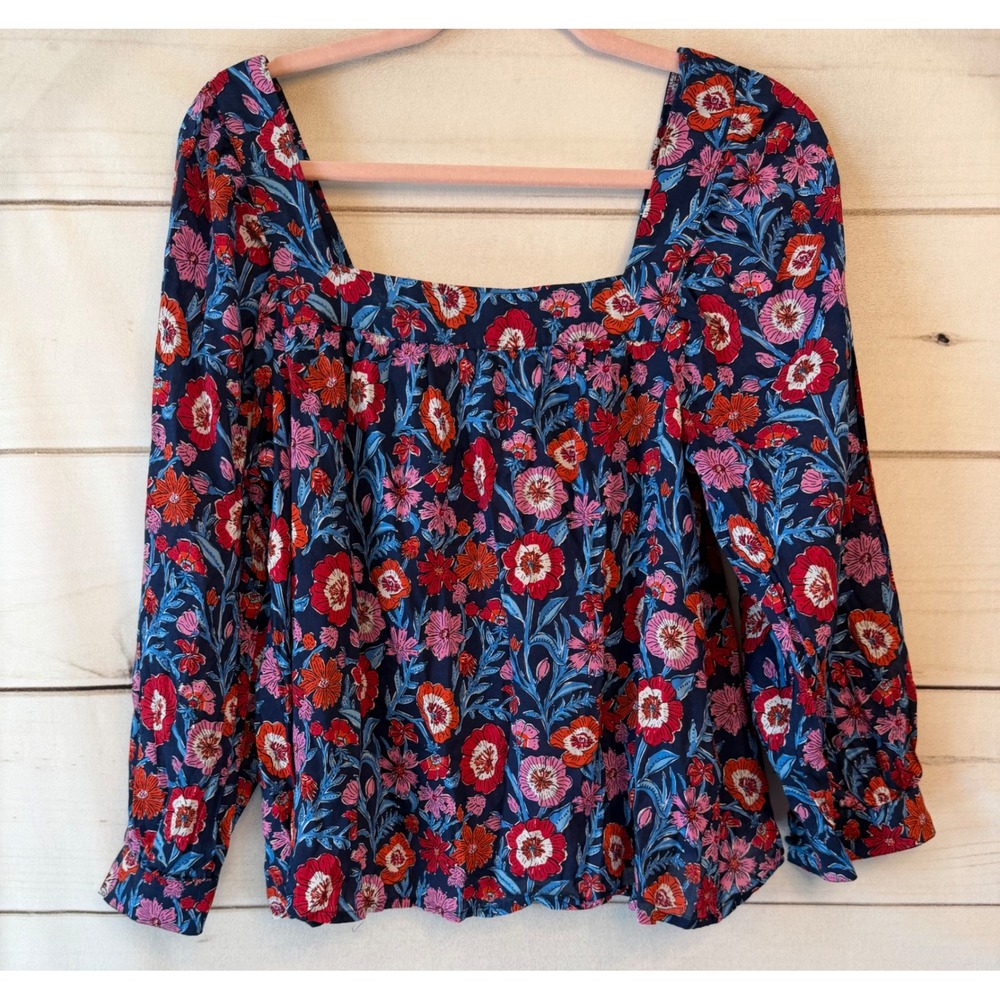 Vineyard Vines Navy Blue Floral Square Neck Cotton Modal Blouse Small